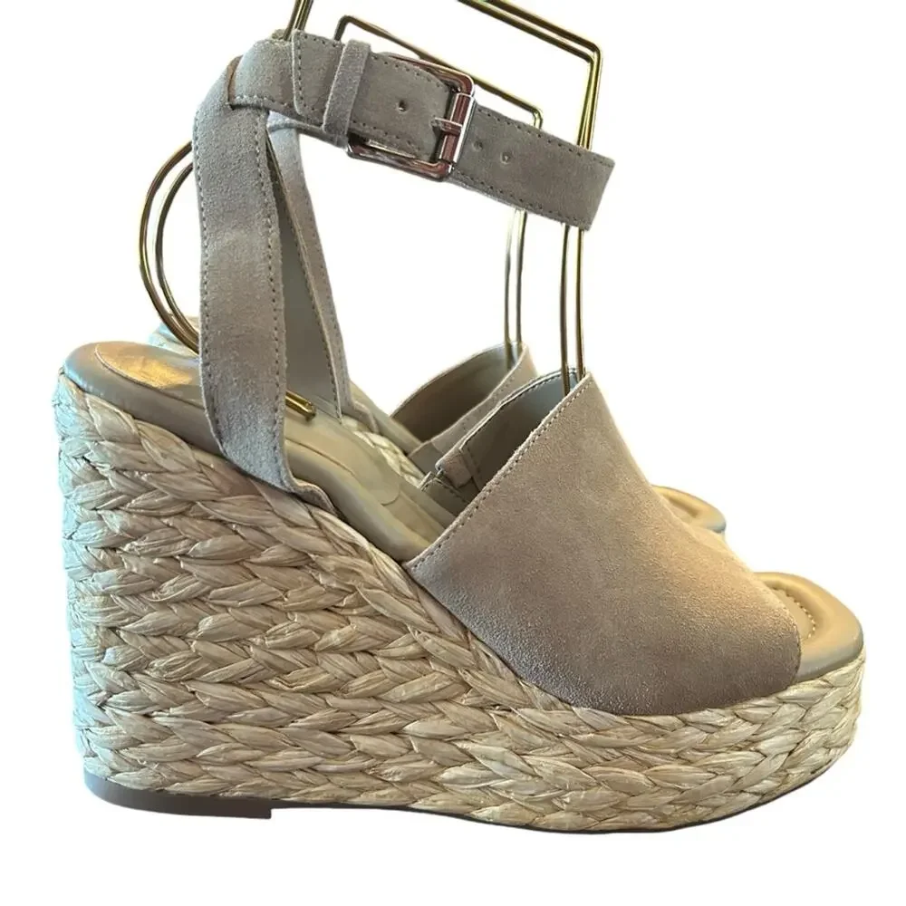 Marc Fisher Nelly Suede Espadrille Wedge Platform Heels Square Toe Taupe NEW 9.5